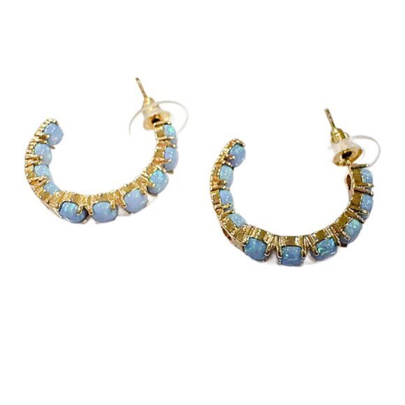 Blue Opal Simulated 18k gold plated hoop pierced earrings - Picture 2 of 2
